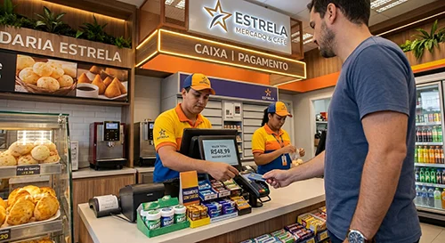 Atendente finalizando a compra no caixa