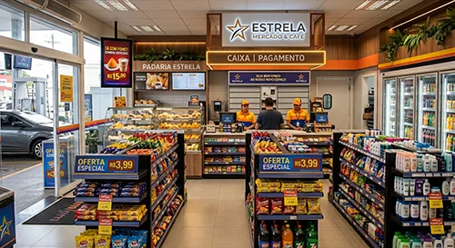 Corredor de produtos na loja de conveniência