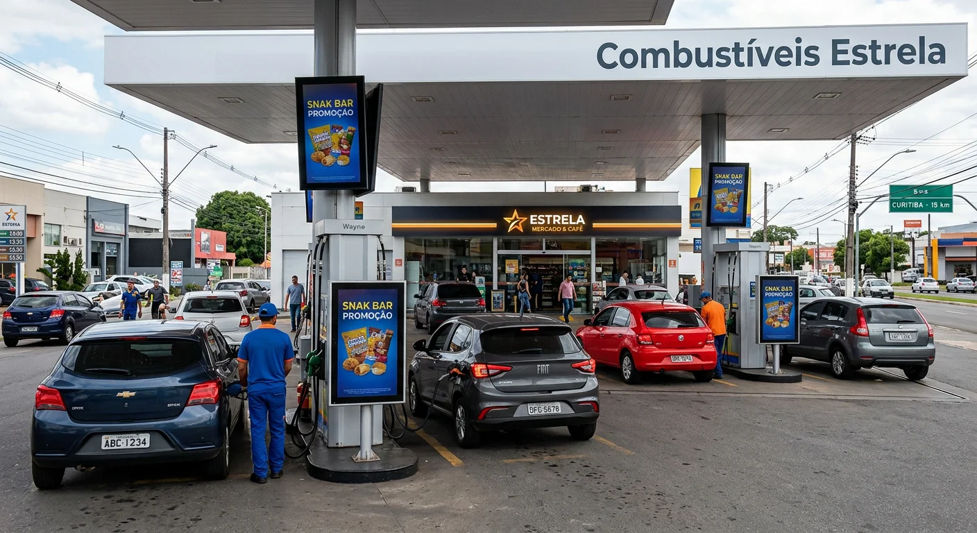 TV exibindo promoções em um posto de combustível